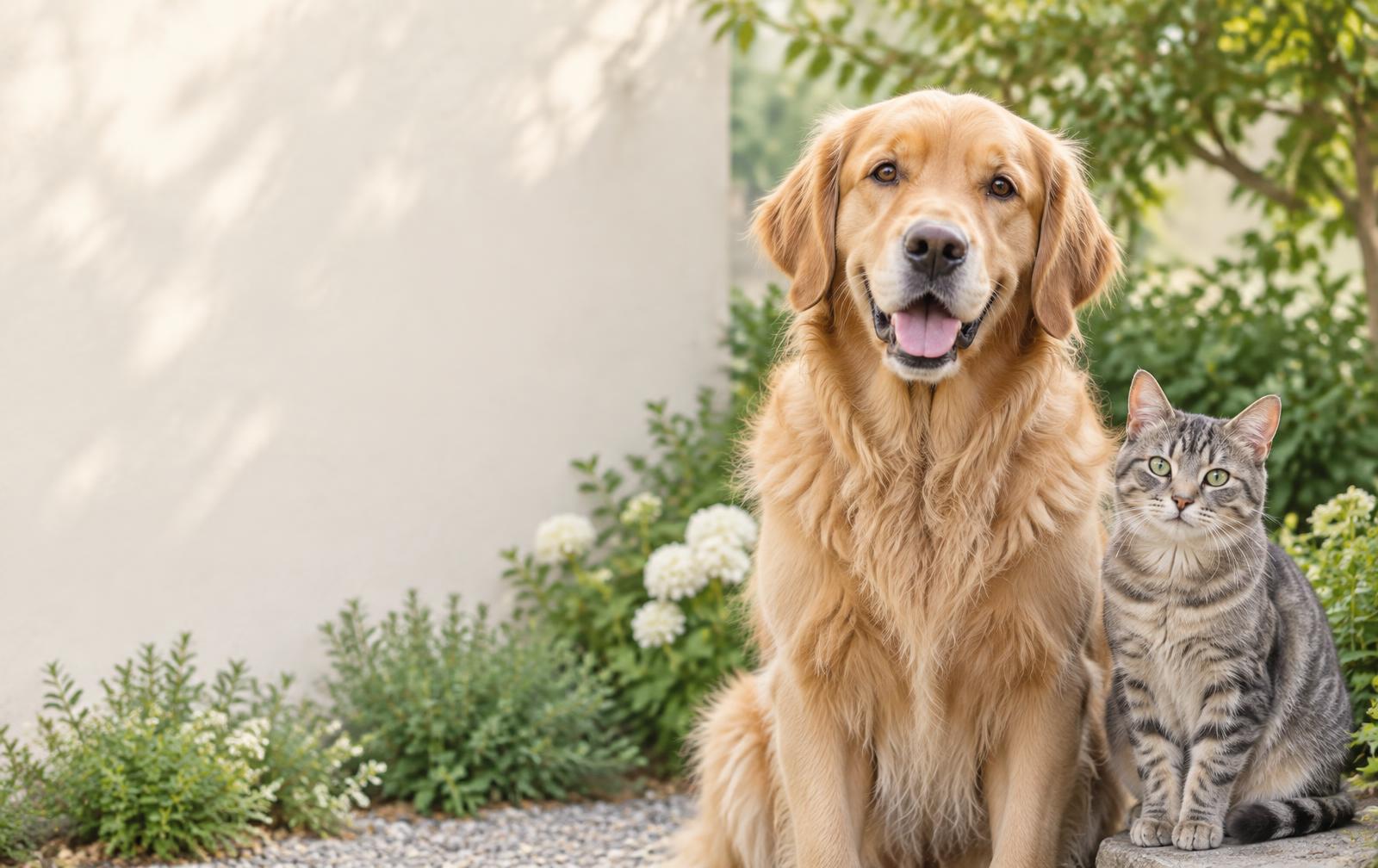 En golden retriever och en katt i en grönskande trädgård